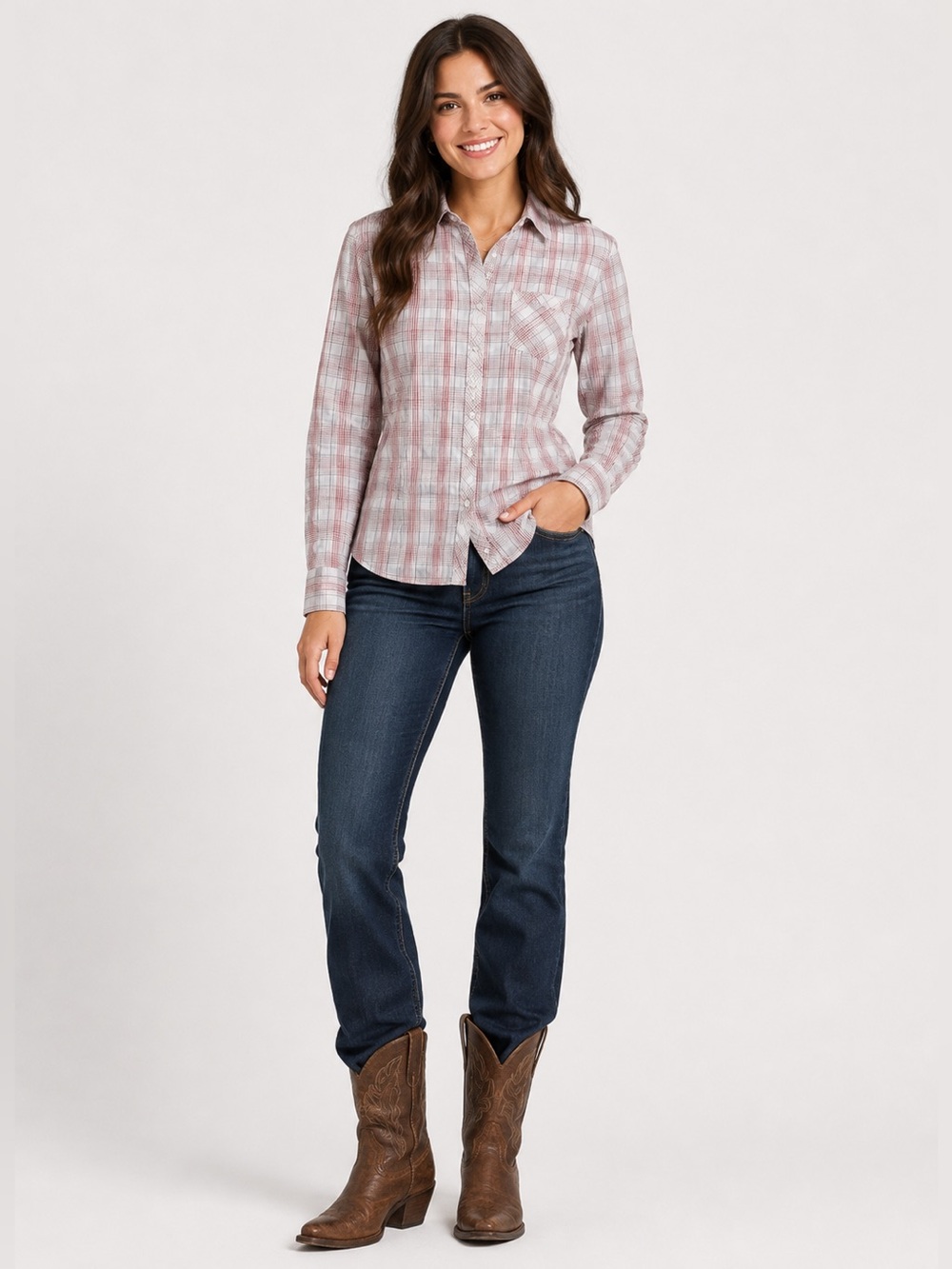 Ariat Western‎ Red/White Plaid Cotton Button Up. Women’s Large Long sleeve top